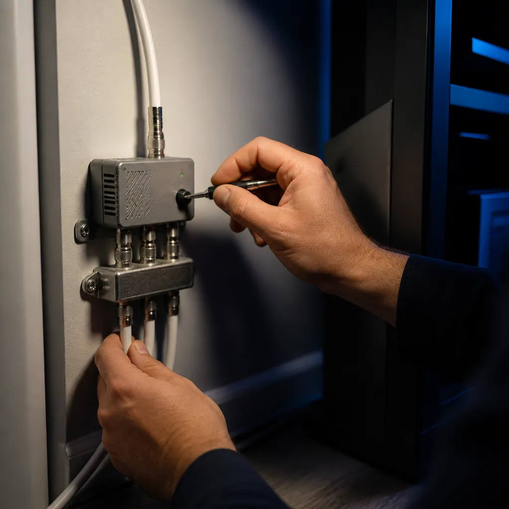 Amplificateur TV connecté entre l'antenne et le téléviseur dans un salon