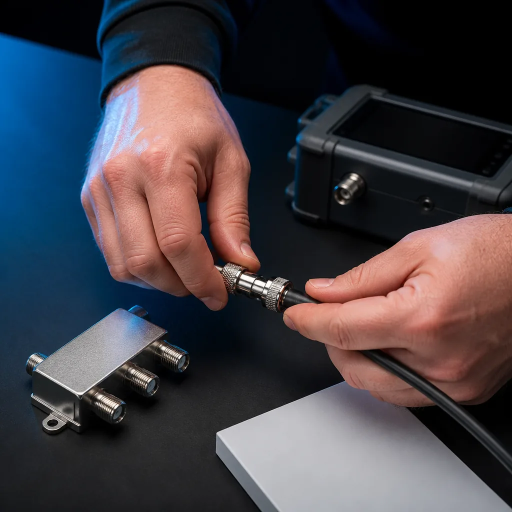 Câbles coaxiaux avec connecteurs F raccordés à un répartiteur d'antenne