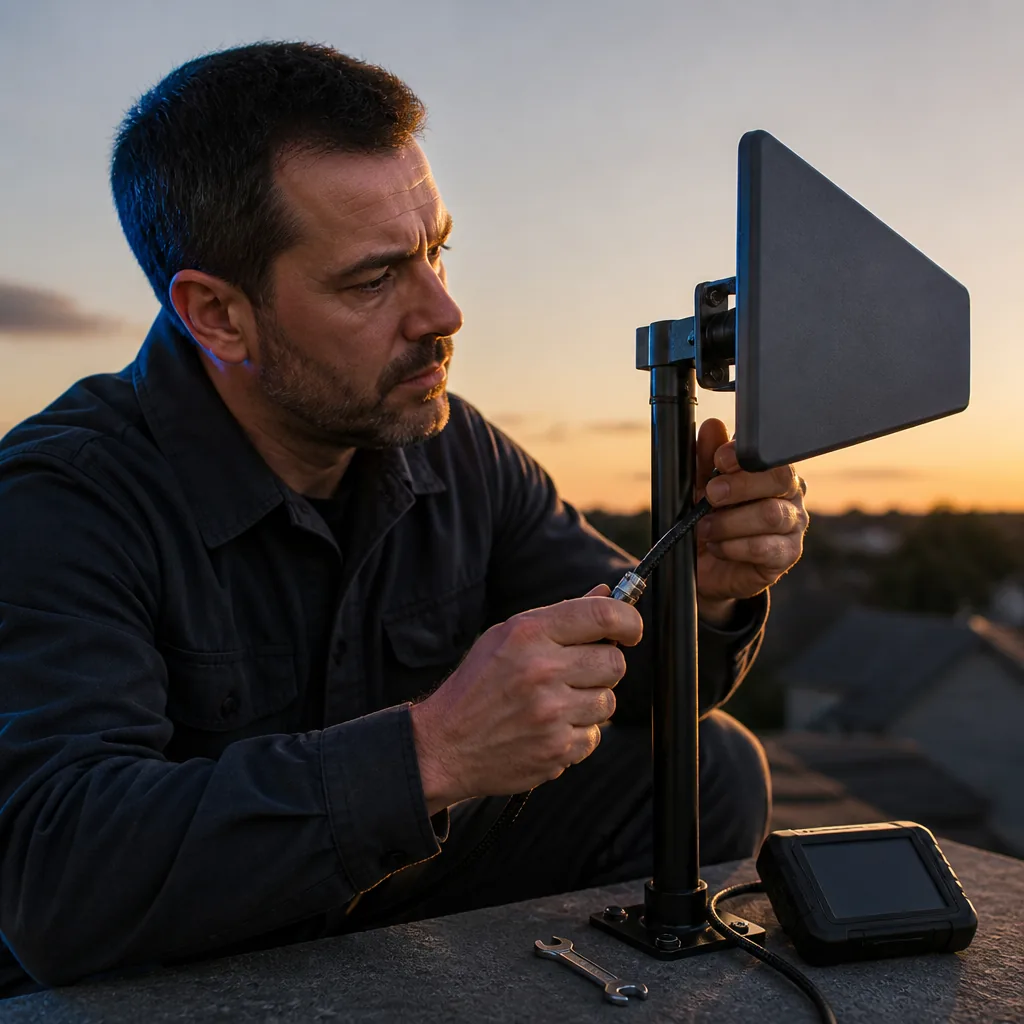 Antenne TNT sur un toit orientée vers l'émetteur pour une réception optimale