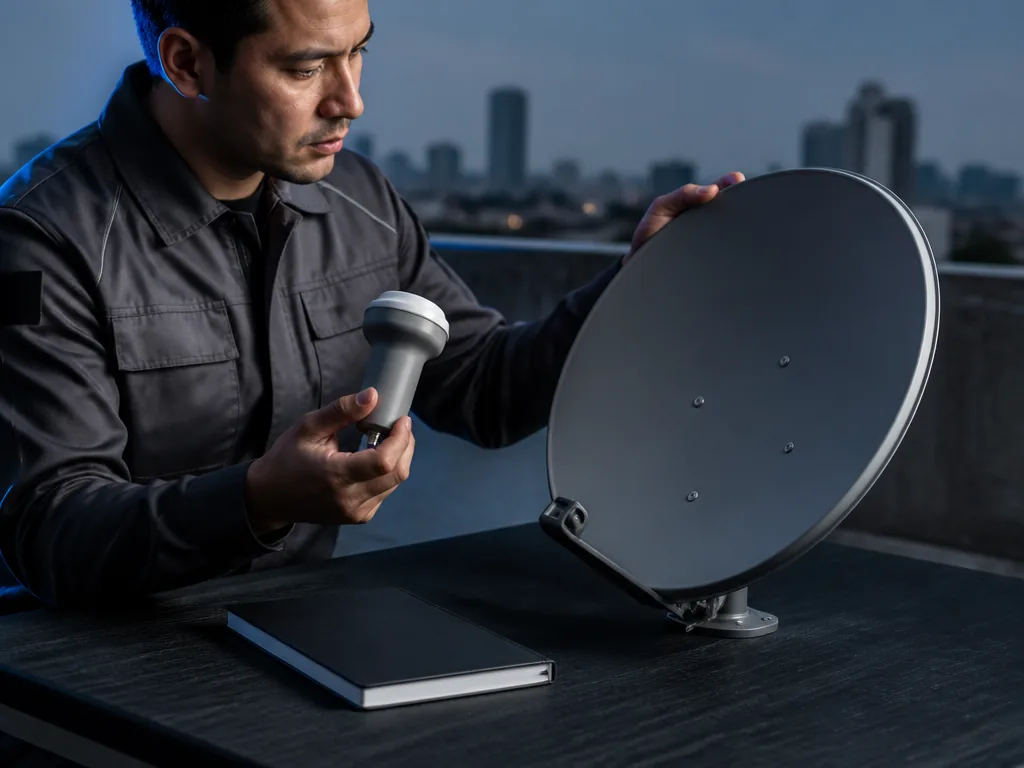 Technicien installant une parabole satellite sur un toit pour choisir le bon bouquet