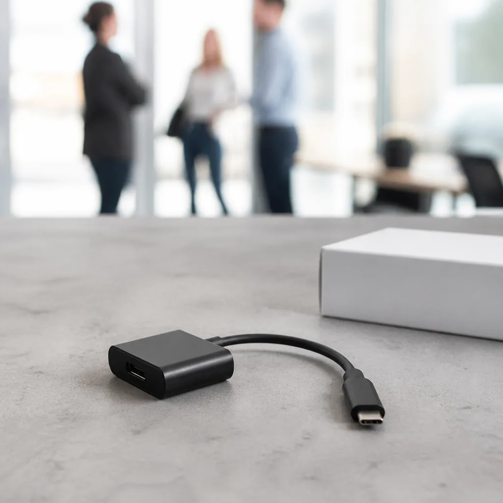 Divers connecteurs audio, vidéo et réseau éparpillés sur un bureau de technicien