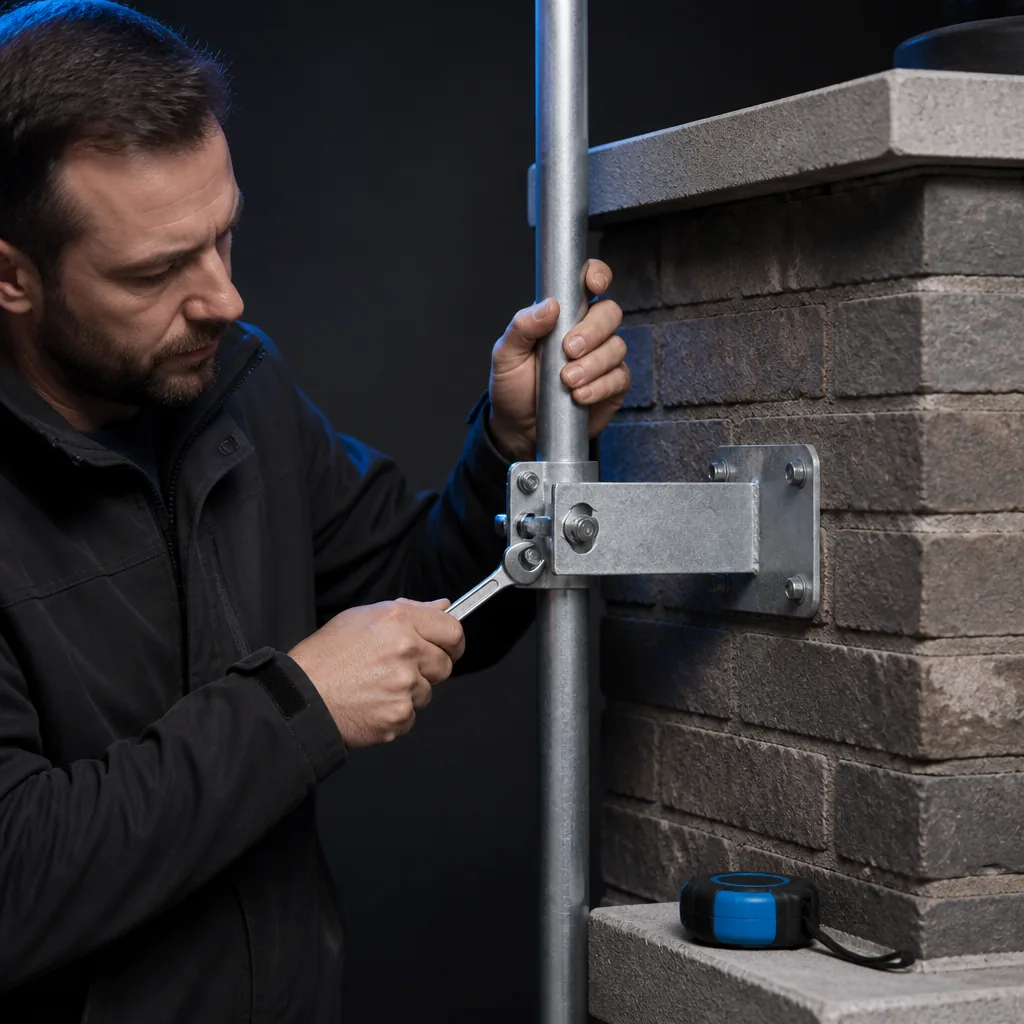 Fixation d'un mât d'antenne sur un support métallique ancré dans le sol