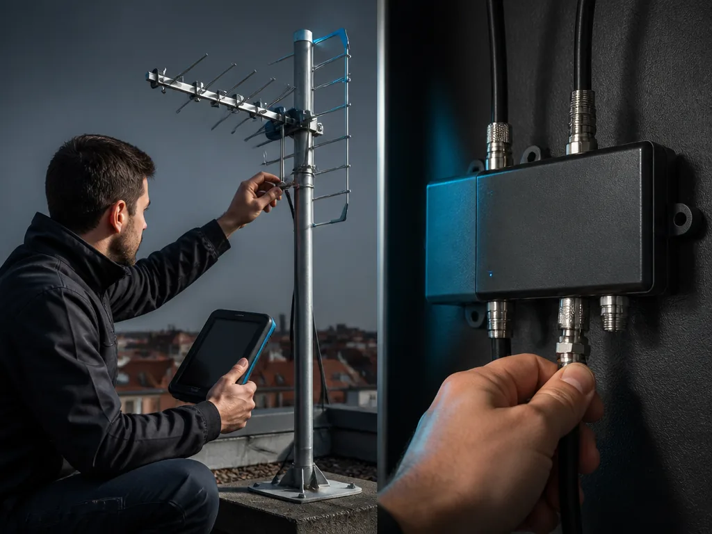 Une main ajuste une antenne râteau sur un toit pour améliorer la réception TV