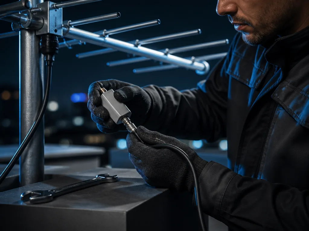 Préamplificateur fixé sur un mât d'antenne TV, câble coaxial branché en extérieur
